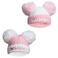 H682-P: Pink Chevron Hat w/Emb & Pom Poms (0-12 Months)